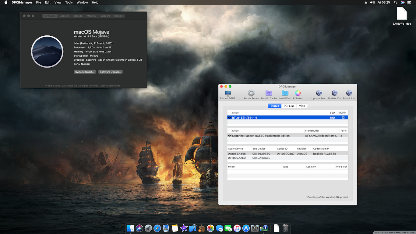 Success Hackintosh MacOS Mojave 10.14.4 Beta 4 (18E194d) at MSI H310I Pro + Intel Core i3 8100 + Sapphire RX560